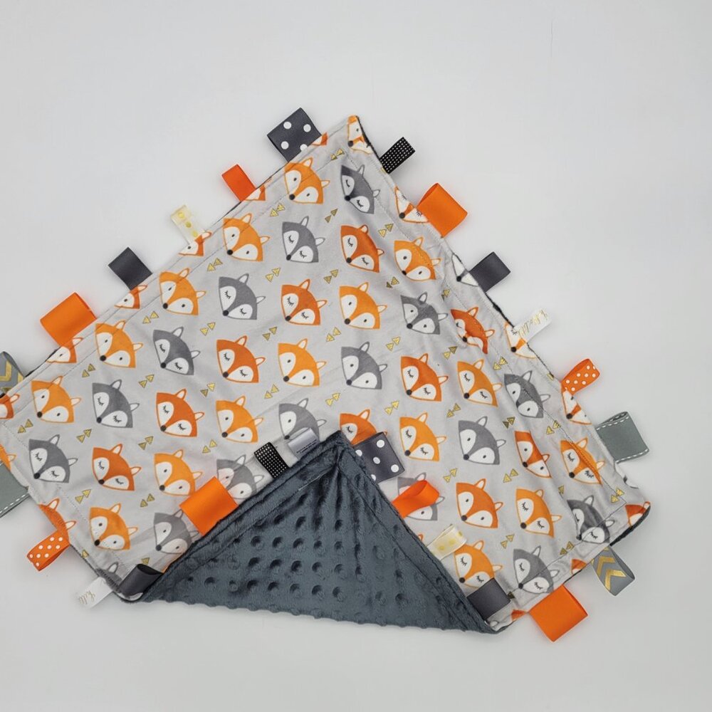 Handmade  Fox faces baby Double minky Taggie blanket 20 x 20.